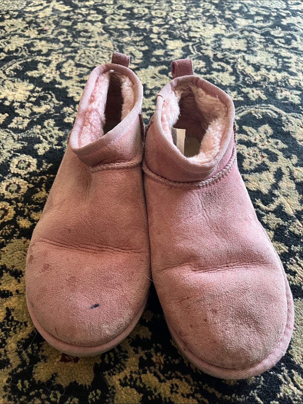 UGG Women's Pink Suede Slip-On Fleece Booties